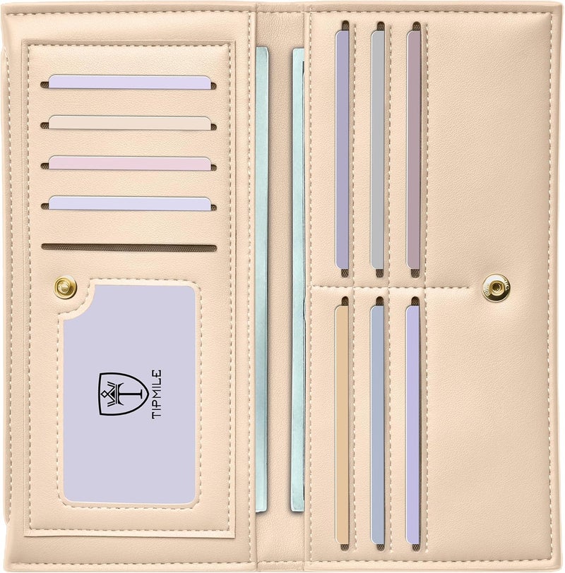 Tipmile Slim Wallet for Women, RFID Blocking Credit Card Holder, Ladies Bifold Wallet with Zipper, Beige - Image 1